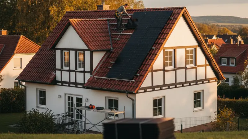 Heimwerker montiert Solarmodule auf einem Ziegeldach mit Sicherheitsgeschirr