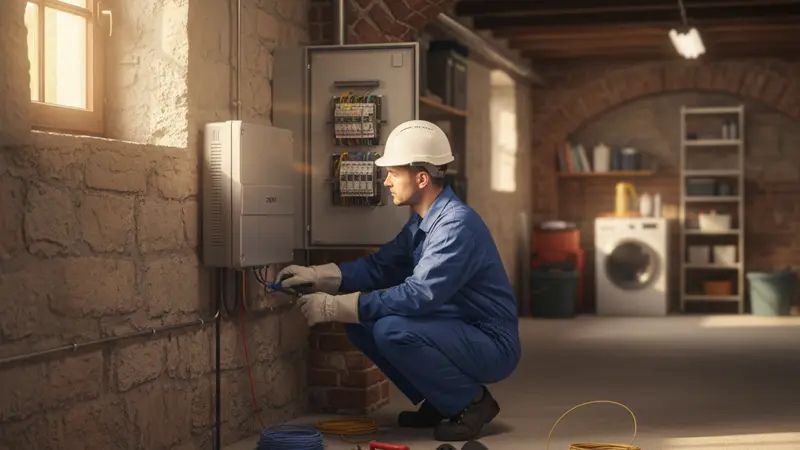 Elektriker schließt Solar-Wechselrichter an den Sicherungskasten an