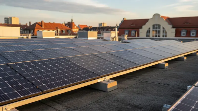 Solaranlage auf einem Flachdach mit Aufständerungssystem und Betonballast