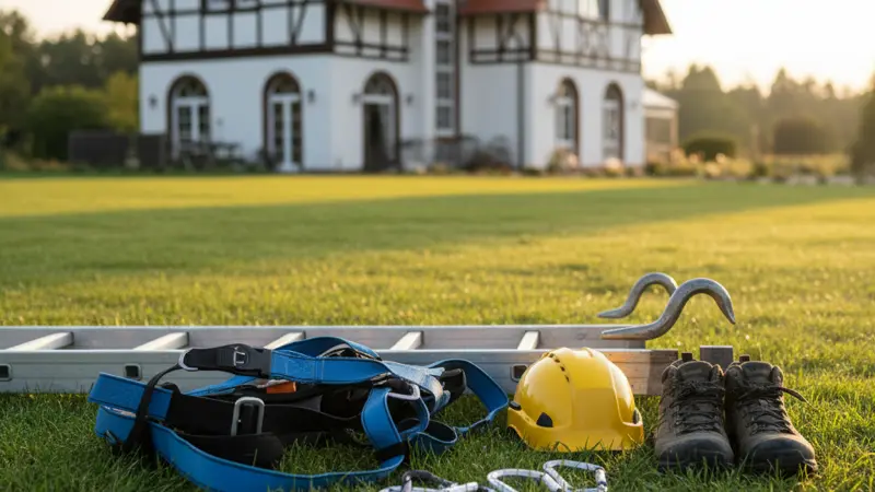 Sicherheitsausrüstung für Dacharbeiten: Auffanggurt, Helm, Dachleiter
