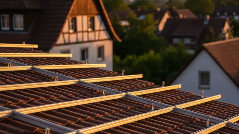 Unterkonstruktion mit Aluminiumschienen und Dachhaken auf Ziegeldach