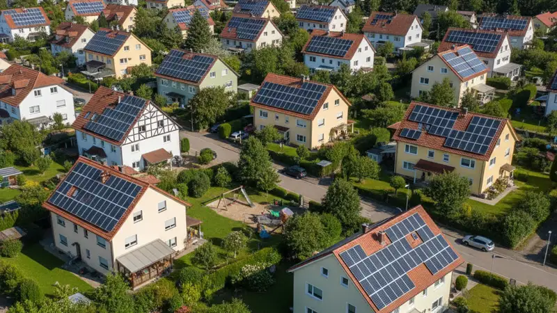 Luftaufnahme deutscher Einfamilienhäuser mit Solaranlagen