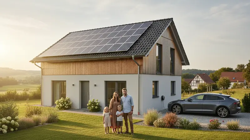 Familie vor ihrem Einfamilienhaus mit Solaranlage und Wallbox