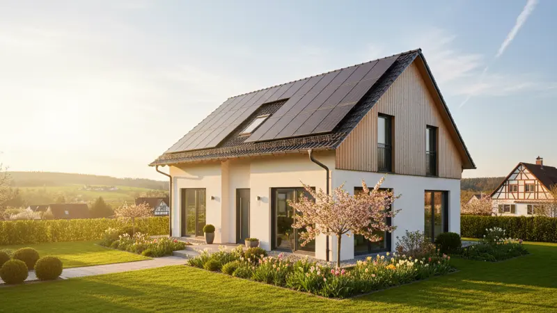 Einfamilienhaus mit Solaranlage auf dem Dach in Deutschland