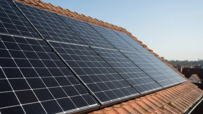 Monokristalline Solarmodule auf Ziegeldach eines Einfamilienhauses