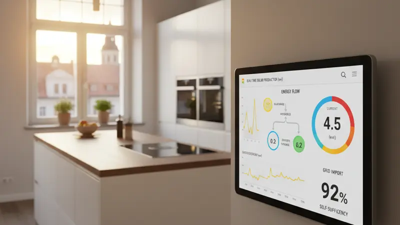 Smart-Energy-Dashboard mit Echtzeit-Energieflüssen auf Tablet