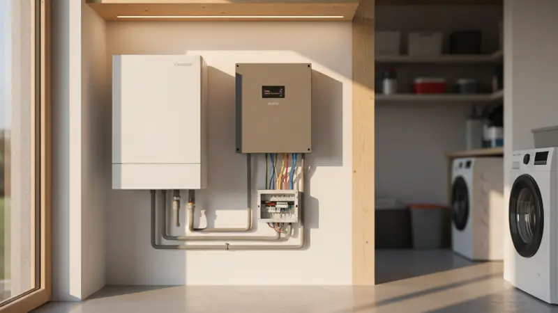 Wärmepumpe neben Solar-Wechselrichter im Hauswirtschaftsraum