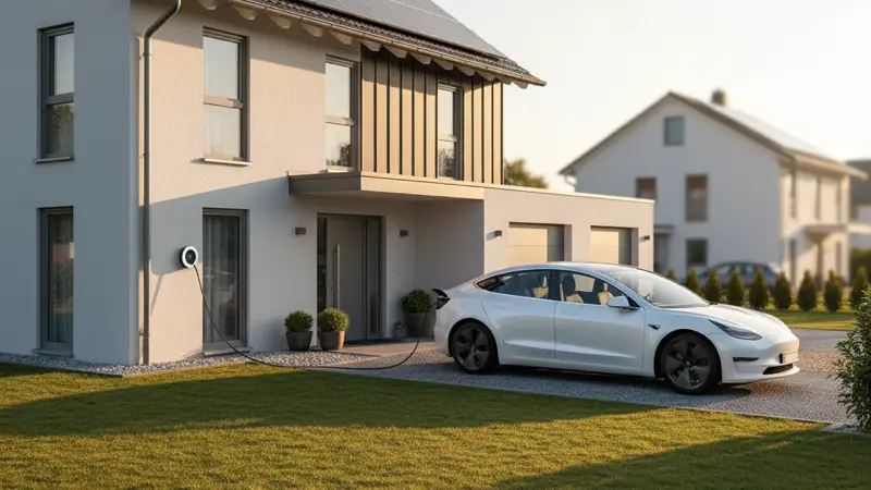 E-Auto lädt an Wallbox mit Solarstrom vom eigenen Dach