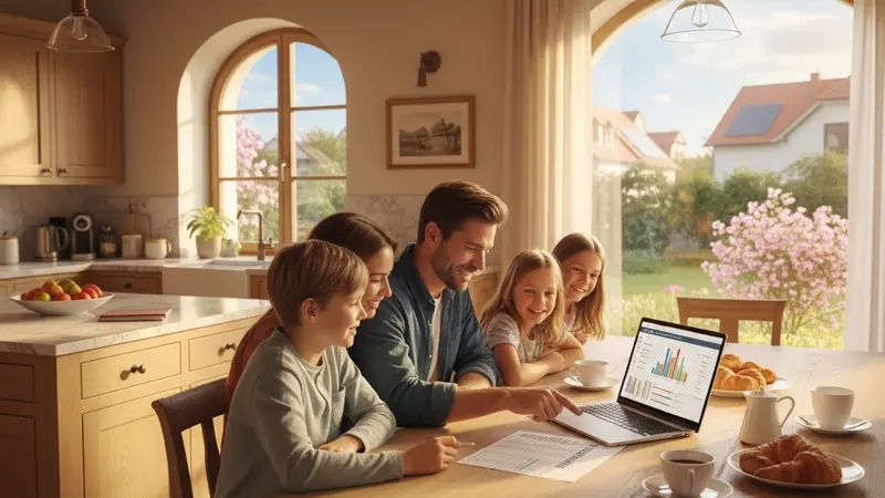 Familie prüft Energieersparnisse am Laptop