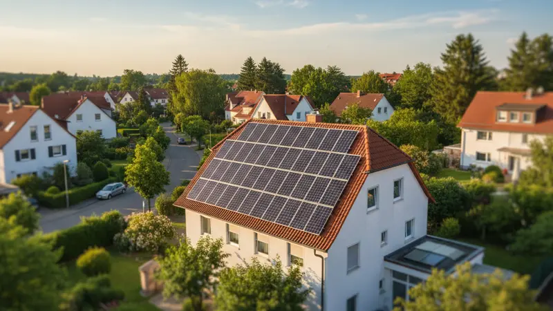Photovoltaikanlage auf einem deutschen Einfamilienhaus mit roten Dachziegeln