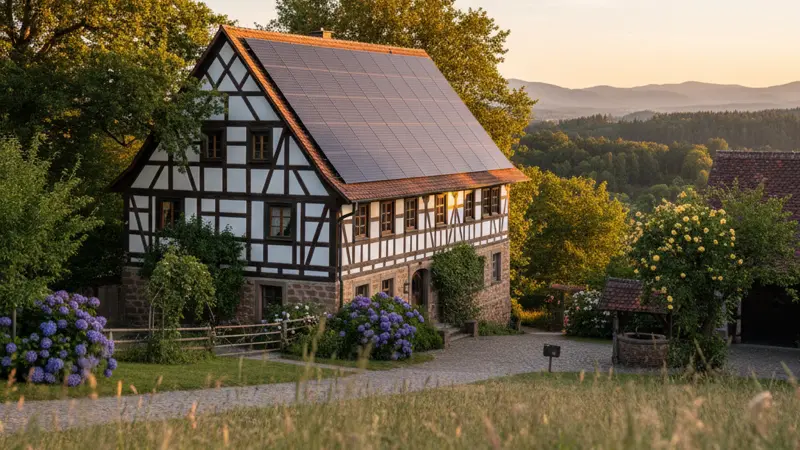 Historisches deutsches Fachwerkhaus mit modernen schwarzen Solarmodulen auf dem Dach