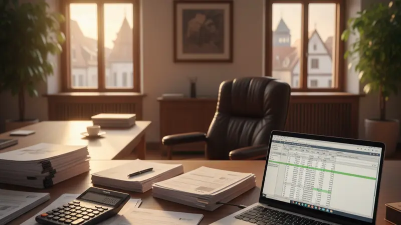 Schreibtisch mit Taschenrechner, KfW-Förderantragsunterlagen und Solaranlage-Dokumenten