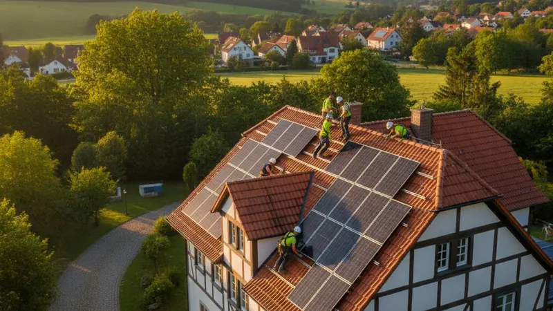 Monteure installieren Solarmodule auf dem Dach eines deutschen Einfamilienhauses