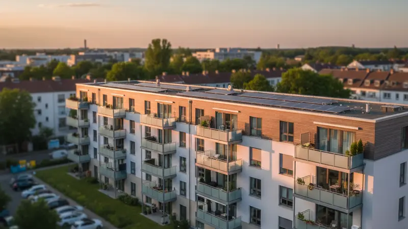 Modernes deutsches Mehrfamilienhaus mit Solaranlage auf dem Flachdach