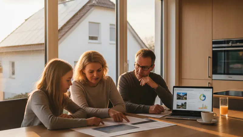 Hauseigentümer prüft Solaranlagen-Unterlagen am Küchentisch mit Laptop