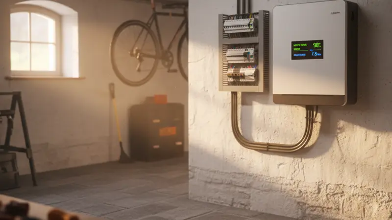 Lithium-Batteriespeicher-System im Keller eines deutschen Einfamilienhauses neben dem Sicherungskasten