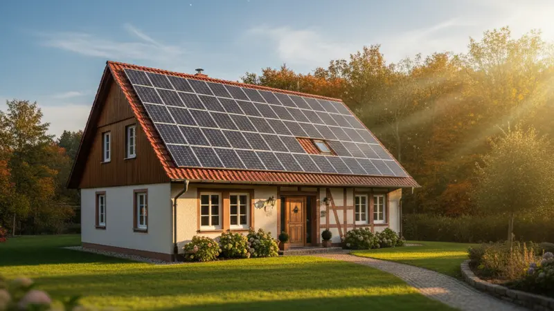 Einfamilienhaus mit Solaranlage auf dem Dach bei Sonnenschein