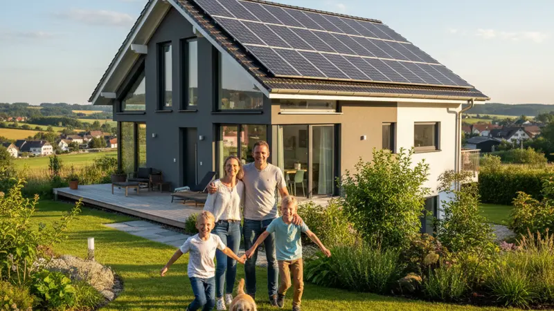 Familie vor Eigenheim mit Solaranlage