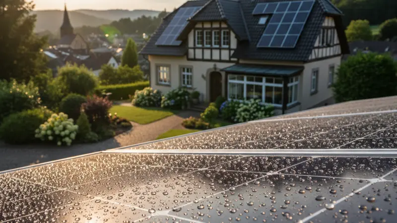 Nahaufnahme eines kristallinen Solarmoduls mit Lichtreflexion