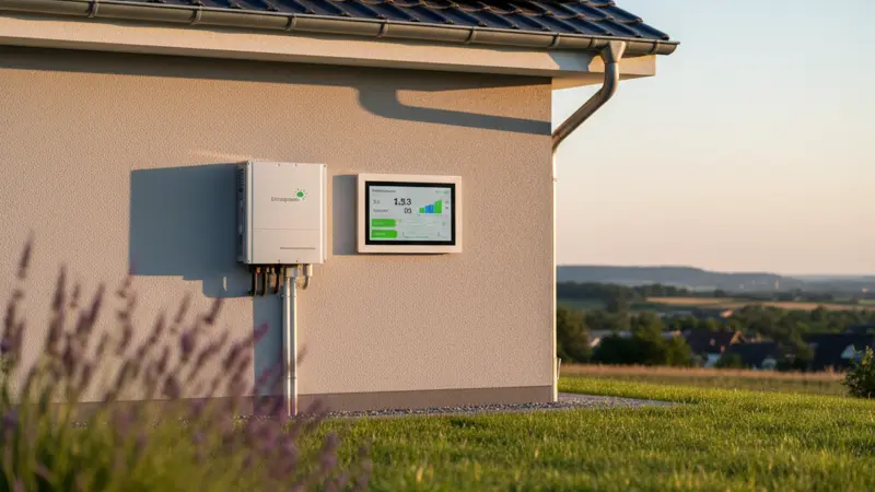 Wechselrichter und Monitoring-Display zeigen Ertragsdaten einer Solaranlage