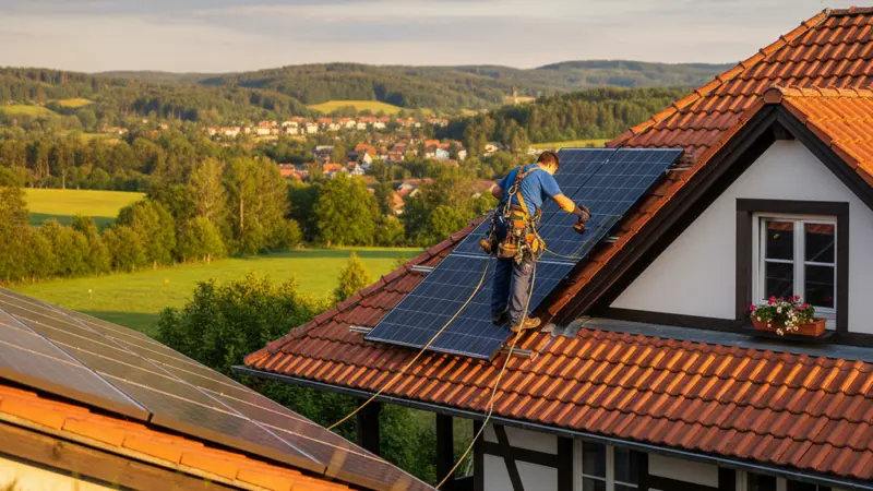 Facharbeiter installiert Solarmodul auf dem Dach