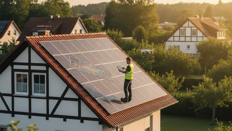 Techniker analysiert Verschattung auf einem Dach mit Tablet und Drohne