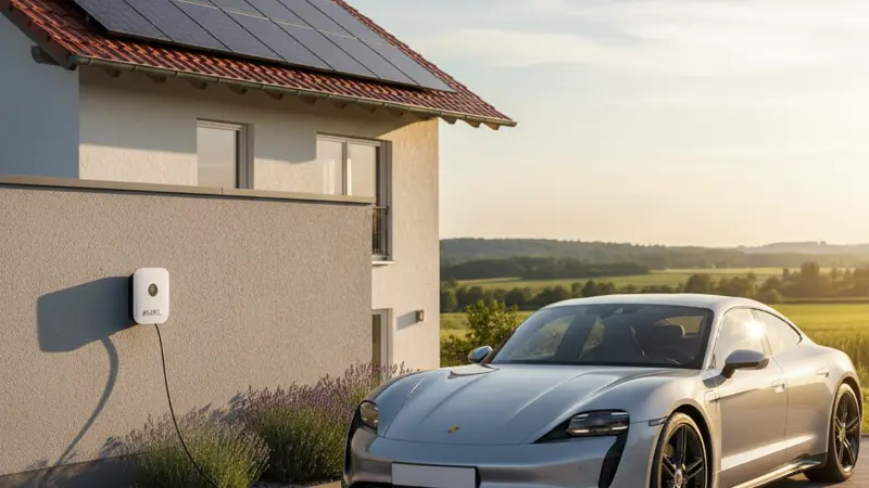 Elektroauto wird an Wallbox geladen, Solaranlage auf dem Hausdach