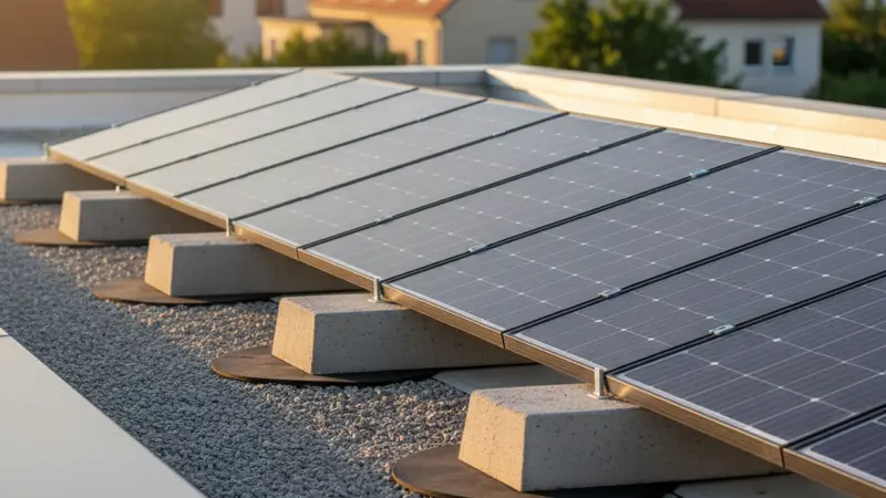 Nahaufnahme eines Ballast-Aufständerungssystems auf einem Flachdach mit Betonplatten und Schutzmatten