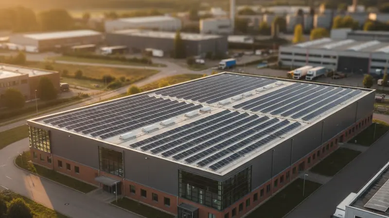 Ost-West aufgeständerte Solarmodule auf einem Gewerbe-Flachdach