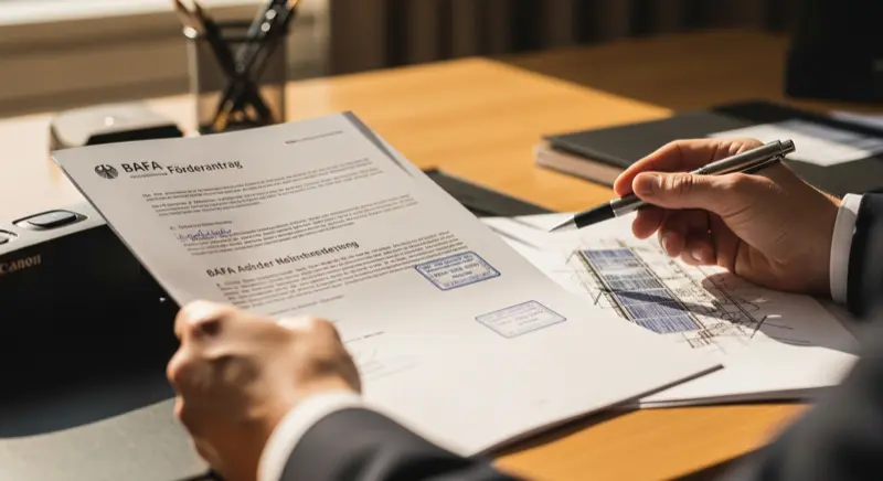 Förderantrag für Solaranlage auf dem Schreibtisch mit Unterlagen