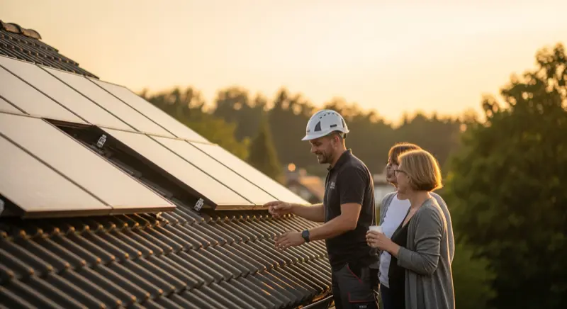 Solartechniker berät Ehepaar vor ihrem Einfamilienhaus mit Solaranlage