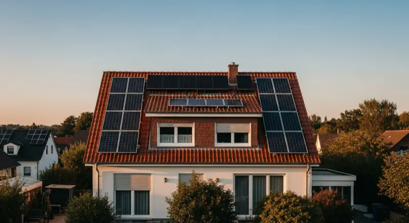 Solaranlage auf einem roten Ziegeldach eines deutschen Einfamilienhauses