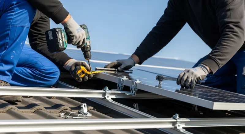 Zwei Handwerker montieren Solarmodule auf einem Hausdach