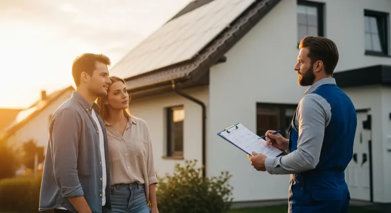 Solartechniker berät Hausbesitzer vor einem Einfamilienhaus mit Klemmbrett und Dachansicht