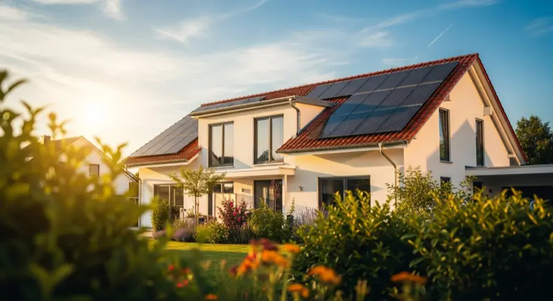 Modernes Einfamilienhaus mit Solaranlage auf dem Schrägdach bei Sonnenschein