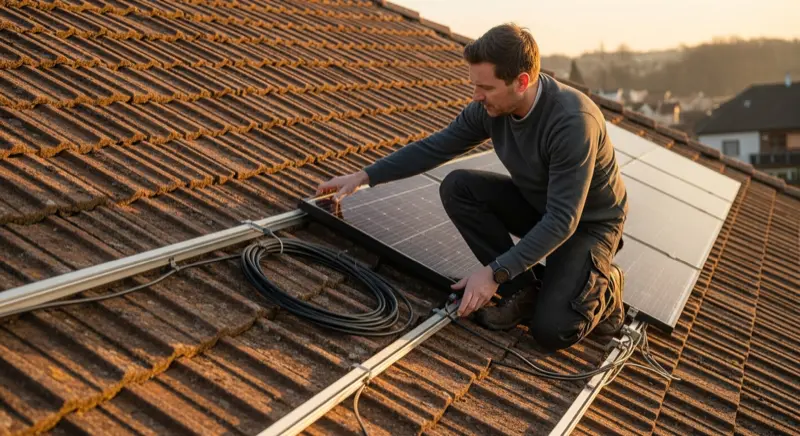 Solaranlage auf einem Dach mit teilweiser Verschattung durch einen Baum