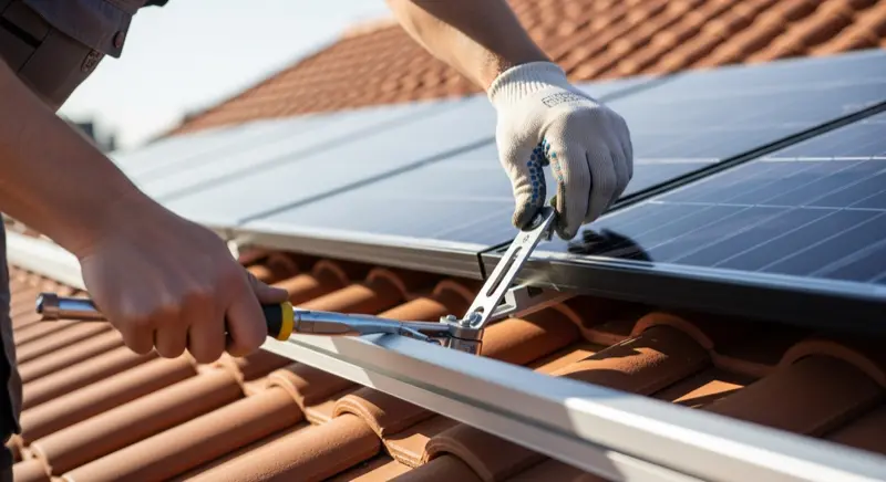 Solartechniker installiert moderne monokristalline Solarmodule auf einem Dach