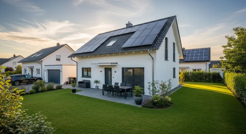 Familie vor ihrem Einfamilienhaus mit Solaranlage auf dem Dach