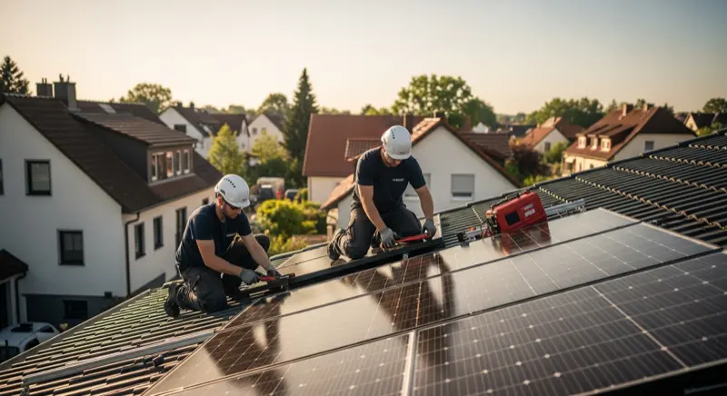 Fachkräfte installieren Solarmodule auf einem Hausdach bei Sonnenschein