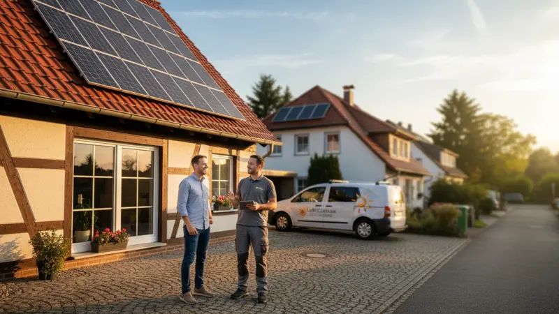 Einfamilienhaus mit Solaranlage auf dem Dach und lokaler Installateur im Gespräch mit dem Hausbesitzer