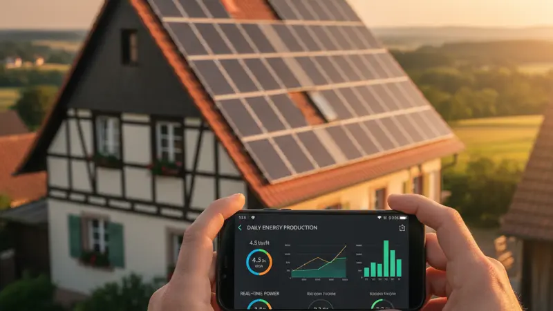 Smartphone mit Solar-Monitoring-App zeigt Energieproduktion vor einem Haus mit Solaranlage