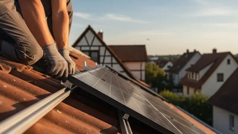 Professioneller Solartechniker installiert Solarmodule auf einem deutschen Hausdach