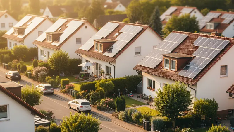 Deutsche Wohnsiedlung mit mehreren Häusern mit Solaranlagen auf den Dächern