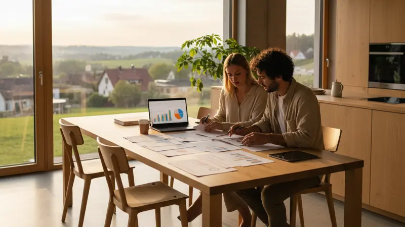 Paar vergleicht mehrere Solaranlagen-Angebote am Küchentisch mit Laptop