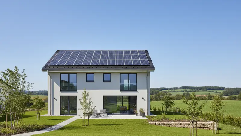 Neubau mit Solaranlage auf dem Dach - moderne PV-Integration 2026
