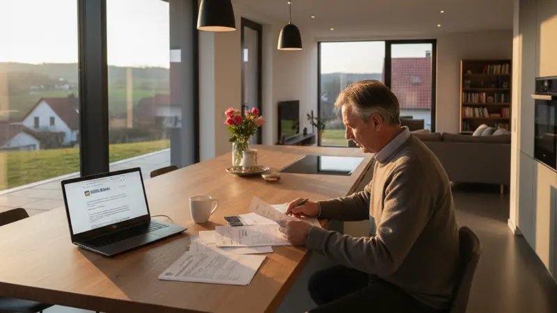 Eigenheimbesitzer prüft Förderanträge und Unterlagen für die Solaranlage am Schreibtisch