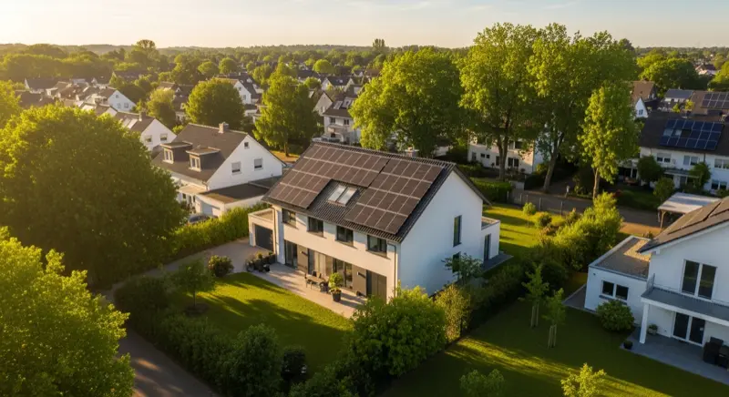 Einfamilienhaus mit Solaranlage auf dem Dach in einer Wohnsiedlung in Nordrhein-Westfalen