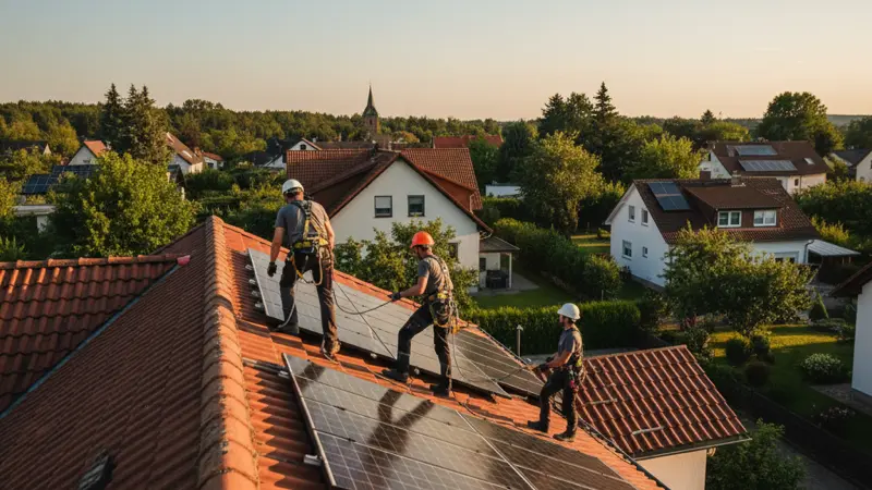 Fachbetrieb bei der Montage von Solarmodulen auf einem Ziegeldach in NRW