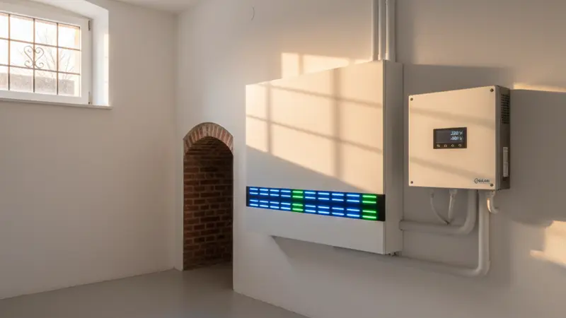 Modernes Batteriespeichersystem neben einem Wechselrichter im Keller eines Einfamilienhauses