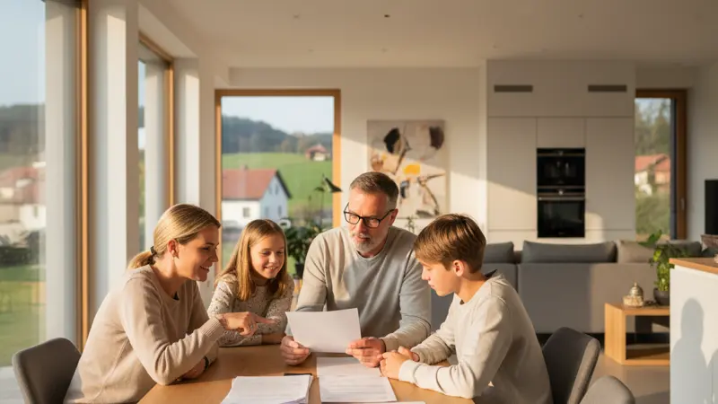 Familie prüft Förderunterlagen für Solaranlage und Wärmepumpe